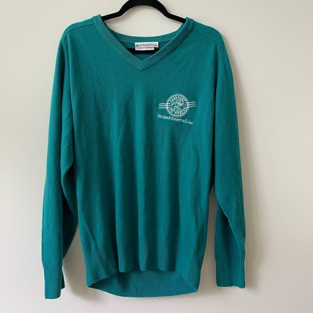 Vintage Holland America Women's V-Neck Ribbed Trim Pullover Sweater Green Medium